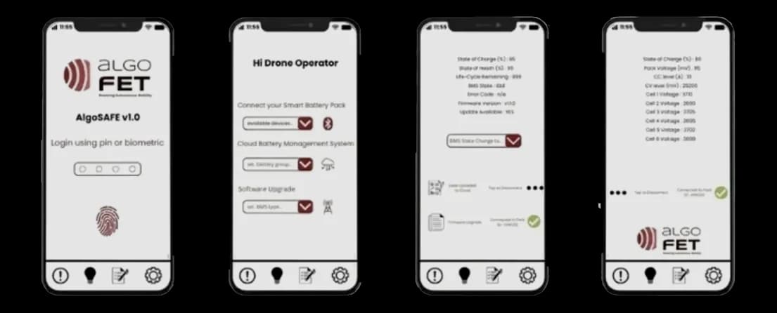 AlgoFET mobile app screens: sign-in, battery connect, battery state and cell voltages
